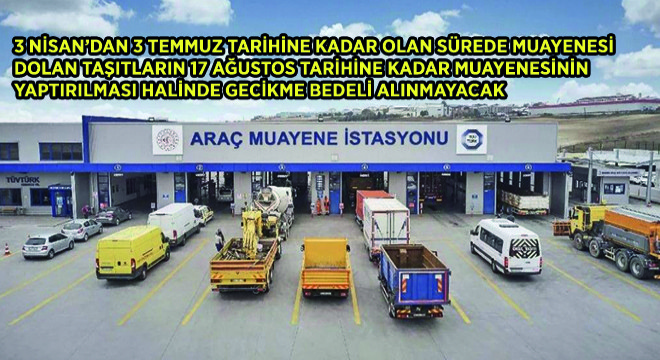 3 Nisan'dan 3 Temmuz Tarihine Kadar Olan Sürede Muayenesi Dolan Taşıtların 17 Ağustos Tarihine Kadar Muayenesinin Yaptırılması Halinde Gecikme Bedeli Alınmayacak